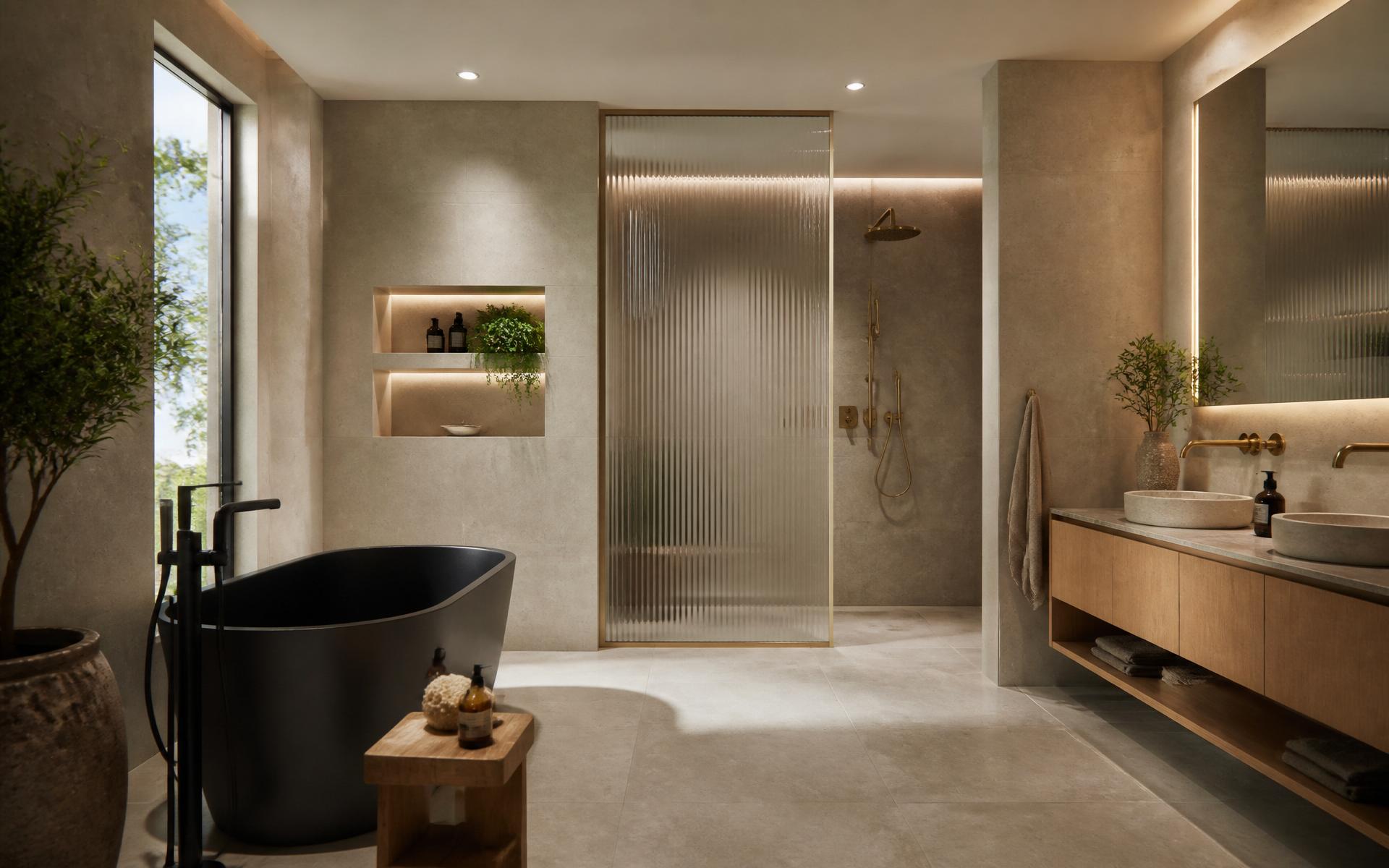 Newly renovated modern bathroom with walk-in shower, stone-effect tiling and wall-hung vanity